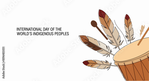 Indigenous Peoples Day concept shows traditional drum adorned with colorful feathers and drumstick.