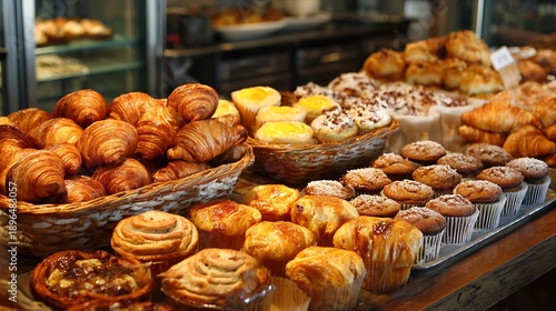 A bakery display filled with croissants, pastries, and muffins 