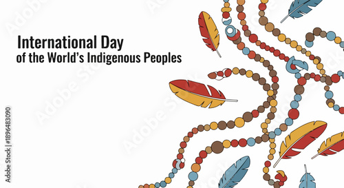 Celebrating Indigenous Peoples Day with traditional feathers and colorful beaded necklaces on white background. Illustration for Indigenous Peoples Day highlights rich cultural heritage and diversity.