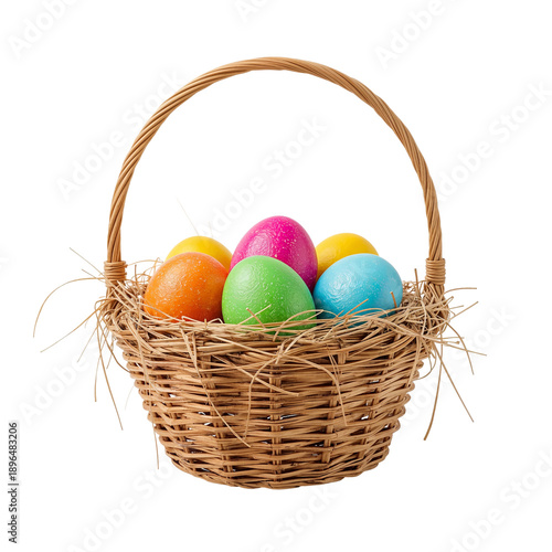Colorful Eggs Placed in a Wicker Basket Ready for an Easter Hunt in a Sunny B...