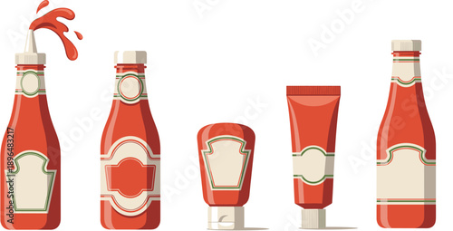 Ketchup sauce bottle packaging set with squeeze bottle glass bottle and tube mockup for food branding vector.