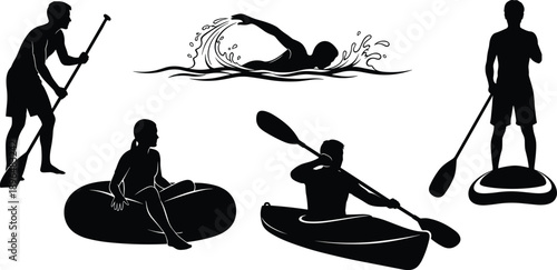 Title: Set of black vector silhouettes featuring people swimming, kayaking, paddle boarding, and relaxing on water for summer sports design.