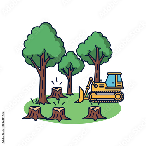 An excavator cuts down trees on green grassy land with stumps around.