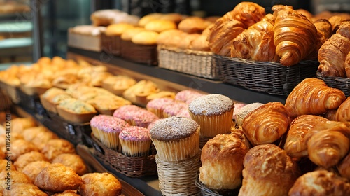 A bakery display filled with croissants, pastries, and muffins 