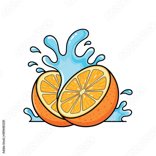 Juicy orange halves with water splashing around them in a colorful illustration.