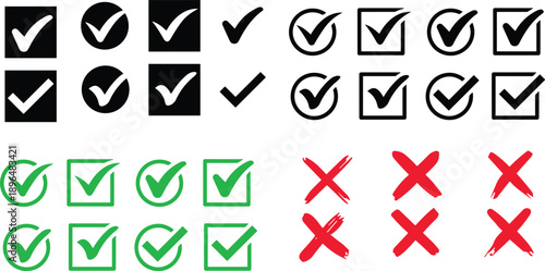 Check and cross mark icons set. Check marks symbol collection. Simple check mark. Quality sign icon. Checklist symbols. Approval check flat style - stock vector. Circle and square. Tick