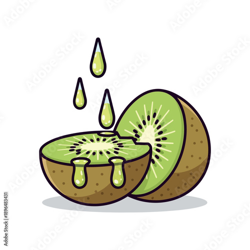 Fresh kiwi fruit illustration with juice droplets on white background
