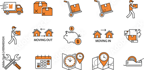 Title: Set of moving and delivery linear color icons including truck cardboard box and calendar isolated on white background.