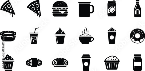 A comprehensive set of black silhouette icons representing various fast food and beverage items