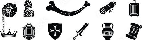 Black silhouette icon collection representing history, archaeology, fantasy, and adventure concepts