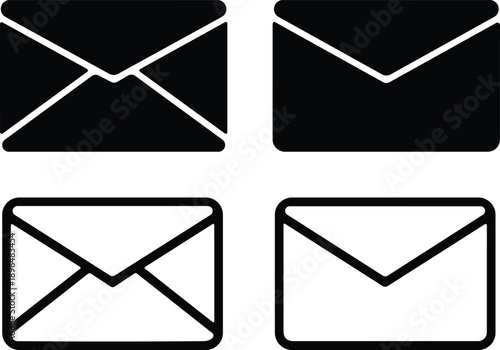 Email icon collection. Envelope Mail services. Contacts message send letter isolated flat and line set