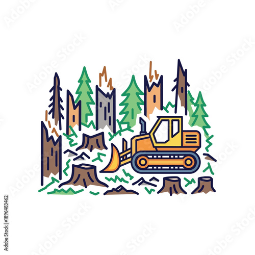A yellow bulldozer clearing trees in a forest landscape with stumps.