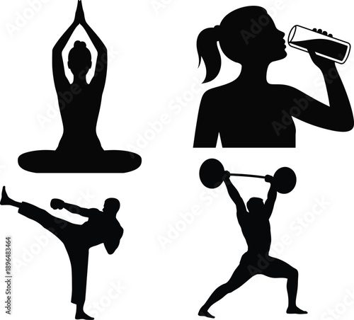 A collection of four black silhouettes depicting various fitness activities on a white background