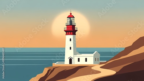 Sunset over a coastal lighthouse overlooking the calm sea and rocky headland