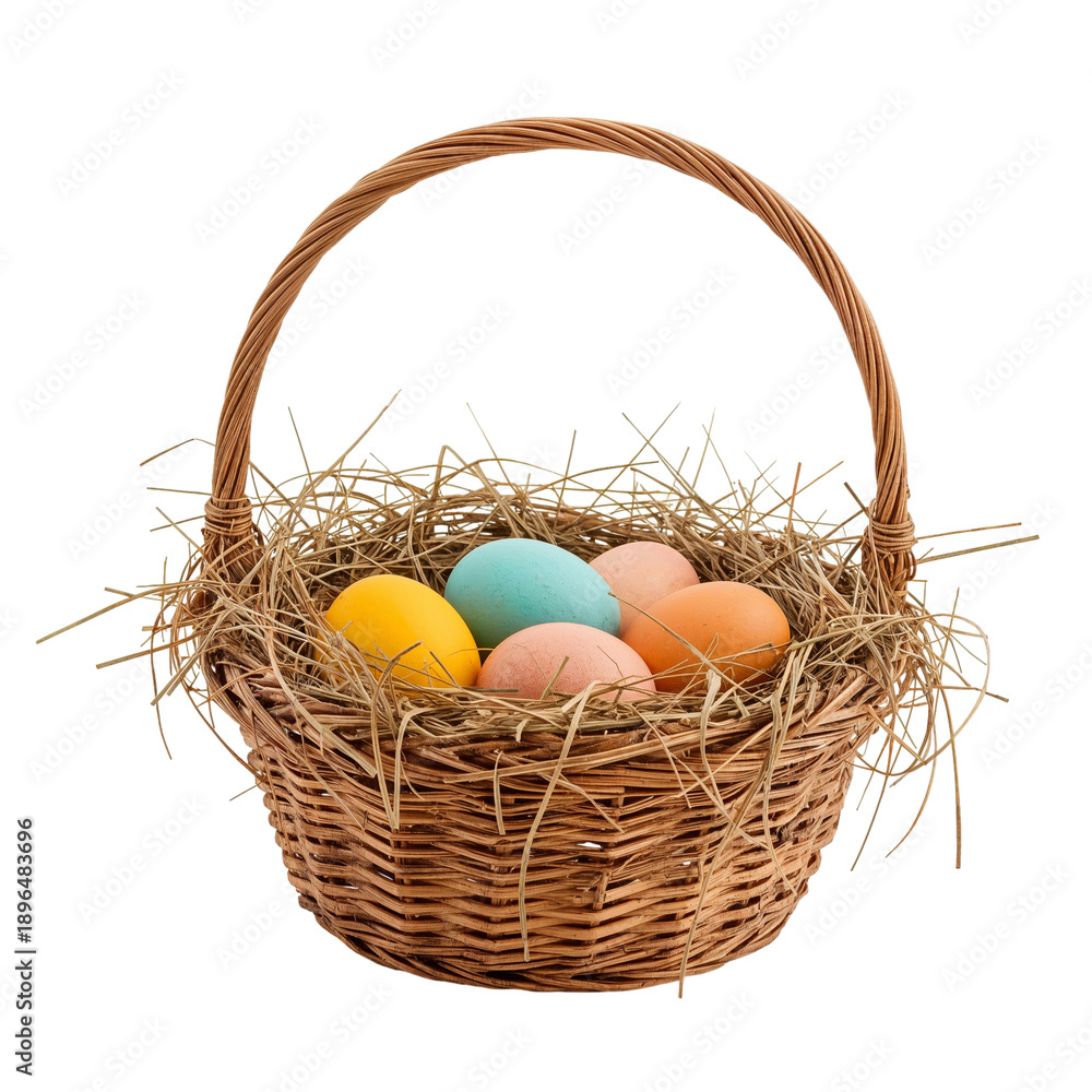 Obraz premium Colorful Eggs in a Woven Basket With Green Grass Display for Spring Celebrations