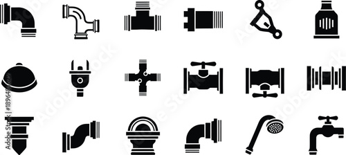 A comprehensive collection of black silhouette icons representing plumbing and construction tools and fittings