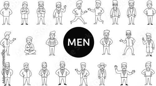Title: Set of various cartoon men characters standing in different poses and outfits isolated on white background for design.