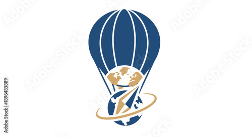 Stylized hot air balloon with earth and ring symbolizing global travel and adventure.