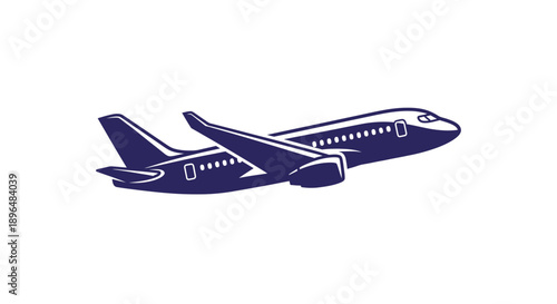 Simple dark blue illustration of a commercial airliner in flight.