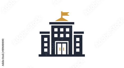 Simple graphic illustration of a government building with a flag.