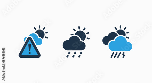 Weather icons: Sun with clouds and rain, warning sign, rain showers, and stormy weather forecast symbols.