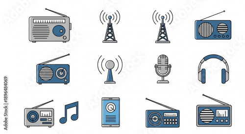 Radio communication icons set with microphones and headsets on white background