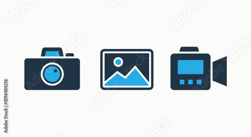 A collection of flat design icons showcasing a camera, a landscape image, and a video camera for photography and videography concepts.