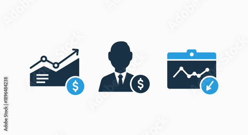 Icons representing financial growth charts, a person with dollar sign, and a calendar with chart, symbolizing investment, finance, and market trends.