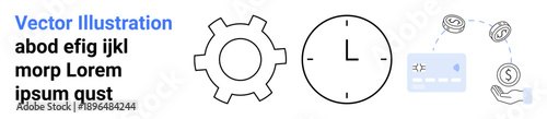 Gear for process optimization, clock for time, payment card, coins, and hand for financial transactions. Ideal for business, finance, productivity, time management teamwork services simple landing