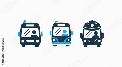 Vector icons of different buses, including a school bus and a fire truck, representing transportation, public transit, and emergency services.