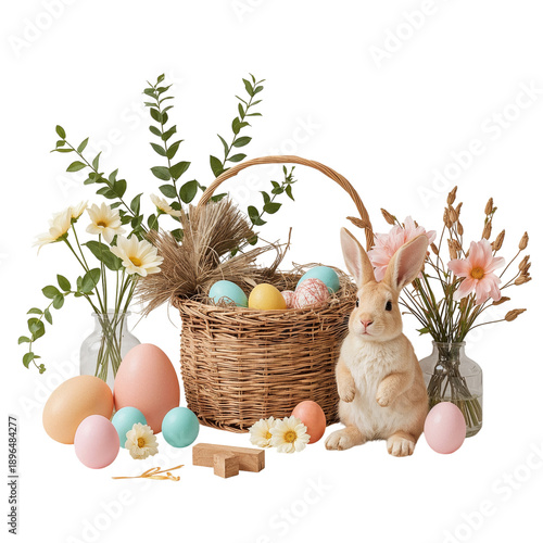 Bunny and Basket With Colored Eggs and Flowers in Springtime Setting