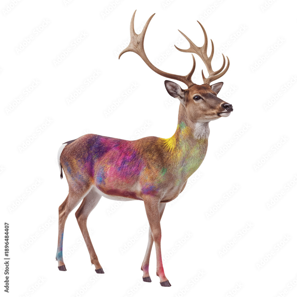 Fototapeta premium Colorful Deer Standing in a Plain Setting With Bright Colors on Its Body During Daylight Hours