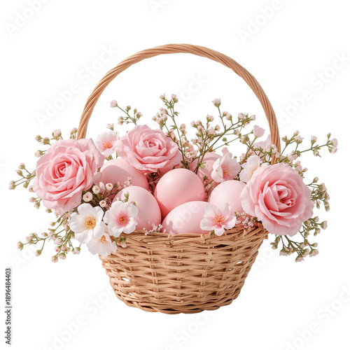 Decorative Basket With Eggs and Flowers Placed on a Table for a Spring Celebr...