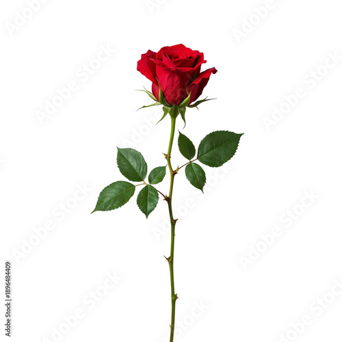 Red Rose Stands Tall With Green Leaves Against a Plain Background in a Simple...