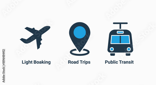 Travel and Transportation Icons: Airplane, Map Pin, and Bus - Journey and Commute Concepts
