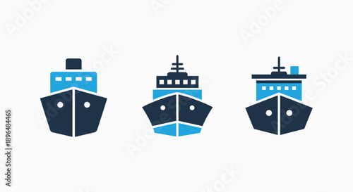 Ship Icons: Cruise Liner, Cargo Ship, Ferry - Maritime Transport and Travel Concepts