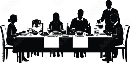 Silhouette of a Muslim family sitting at a dining table for Iftar dinner while a waiter serves water during Ramadan.