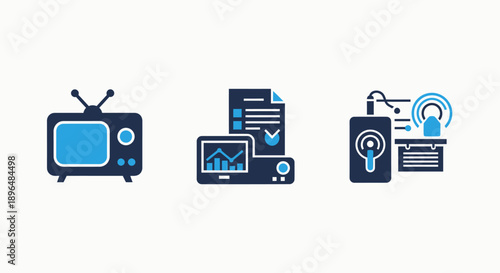 Media and Technology Icons: Vintage TV, Data Analytics, and Medical Scanner