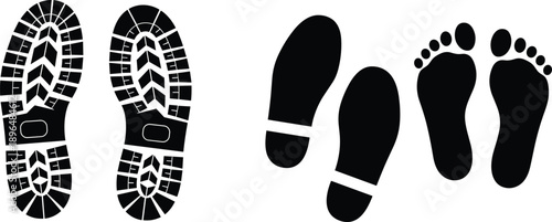 Black silhouette footprints and boot prints on a white background shoe print sole
