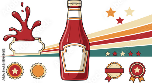 Retro ketchup bottle with sauce splash and vintage branding badges set for food packaging and diner menu design.