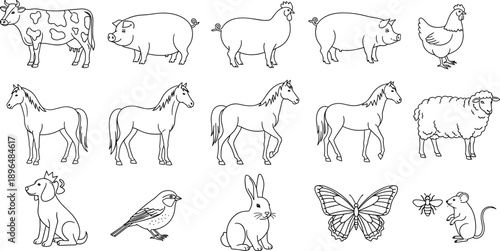 Black and white line drawings of farm animals and other creatures on a white background chicken