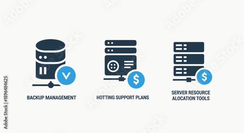 Server and data management icons, including backup, hot spare, and resource allocation. Essential for IT infrastructure, cloud computing, and system administration.