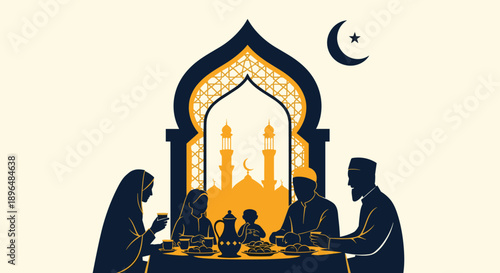 Title: Traditional Muslim family having Iftar dinner together near mosque window view with crescent moon and stars during Ramadan Kareem.