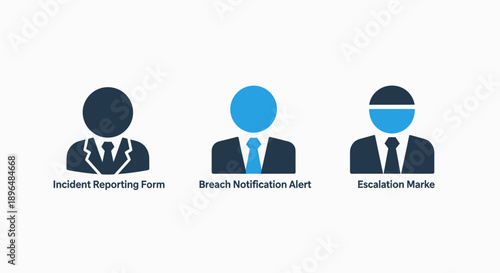 Icons for incident reporting, breach notification, and escalation, representing security protocols and alert systems. Suitable for corporate and IT security.