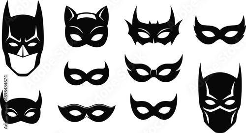 Black Silhouette Masks Collection Including Superhero And Cat Masks icon symbol