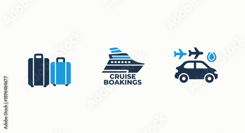 Travel and Transportation Icons: Luggage, Cruise Ship, and Car with Plane for Holidays