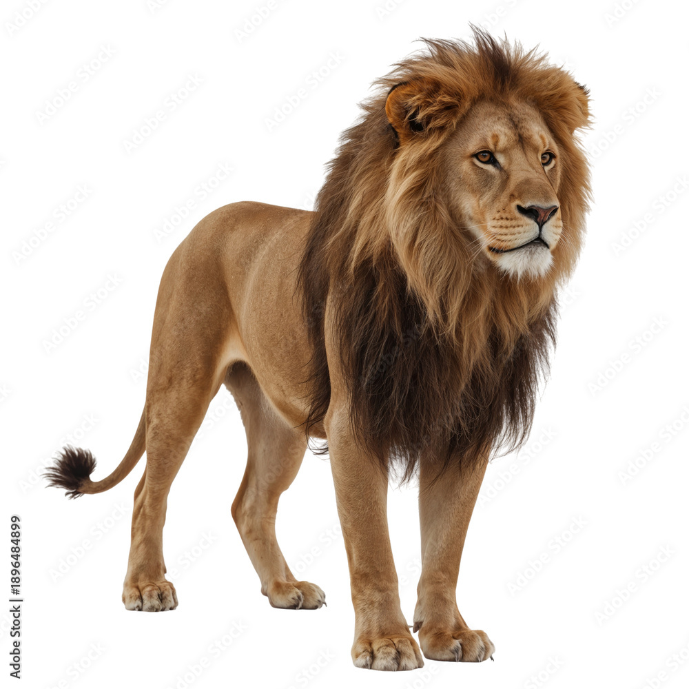 Naklejka premium Lion Stands Proudly Showing Strong Muscles and Thick Mane During Bright Daylight