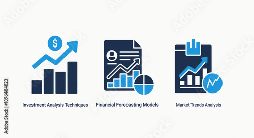 Financial analysis icons: growing bar chart, document with graph, and market trends analysis chart for investment