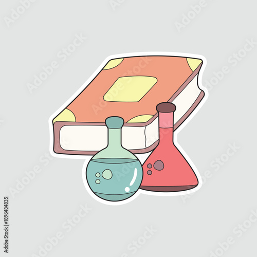 Science book and flasks sticker. A chemistry and research vector for STEM education, suitable for laboratory logos, science fair posters, or medical blogs