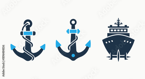 Nautical icons: two anchors with rope and a ship's bow for marine, shipping, and travel concepts